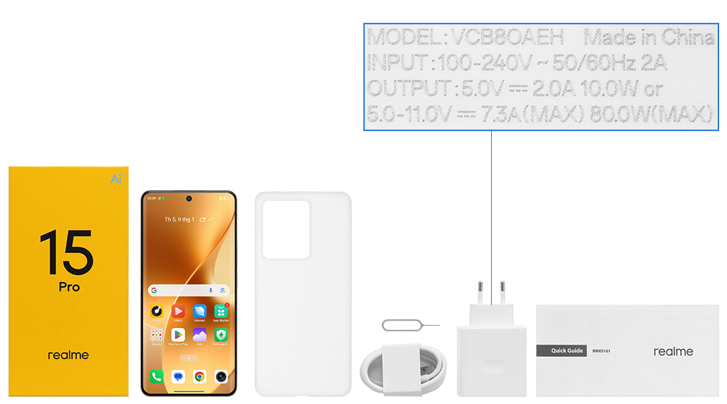 Bộ sản phẩm gồm: Cáp Type C, Củ sạc nhanh rời đầu Type A, Cây lấy sim, Hộp, Miếng dán màn hình, Ốp lưng, Sách hướng dẫn