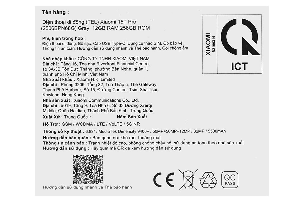 Điện thoại Xiaomi 15T Pro 5G 12GB/256GB Màu Xám