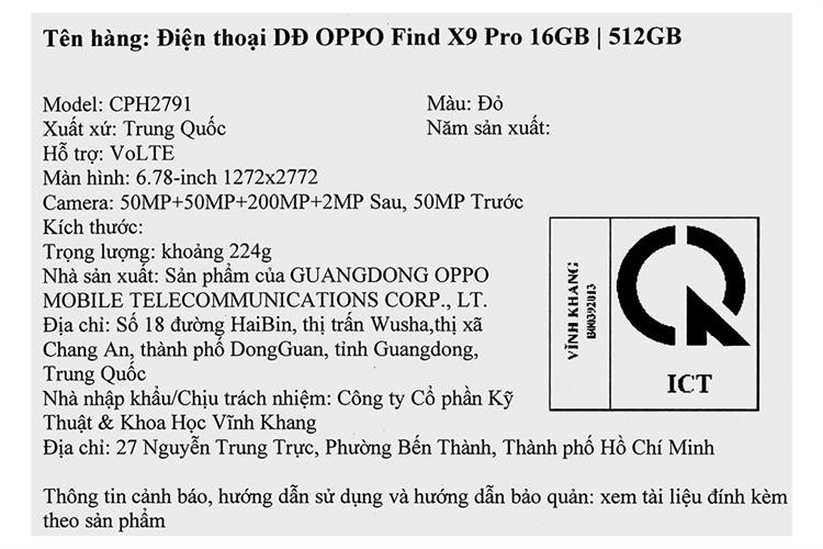 Điện thoại OPPO Find X9 Pro 5G 16GB/512GB Màu Đỏ
