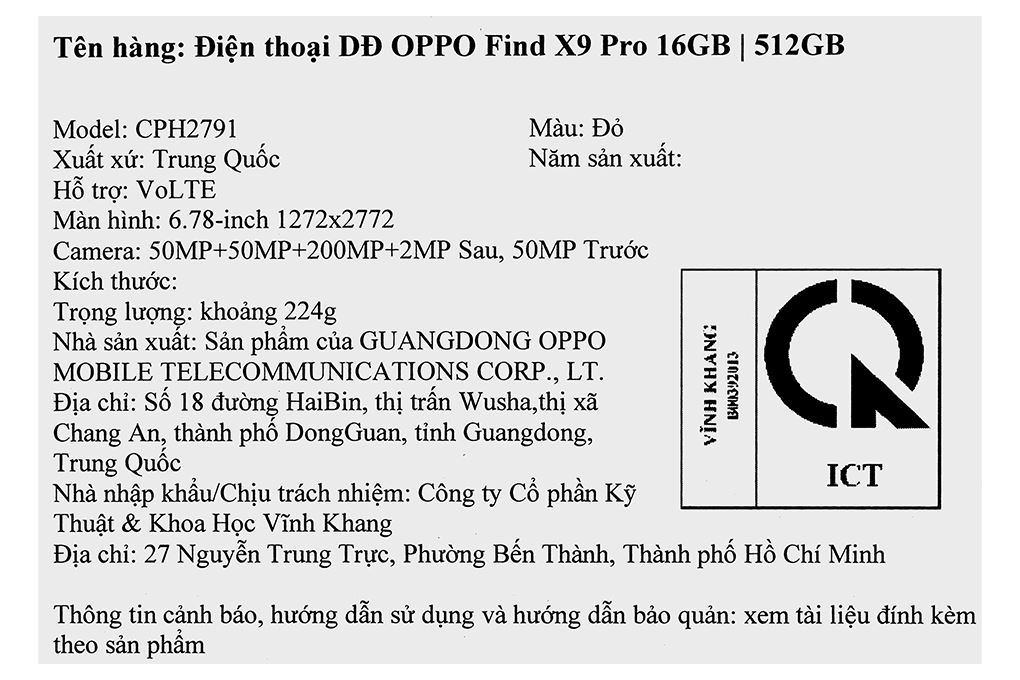 Điện thoại OPPO Find X9 Pro 5G 16GB/512GB Màu Đỏ