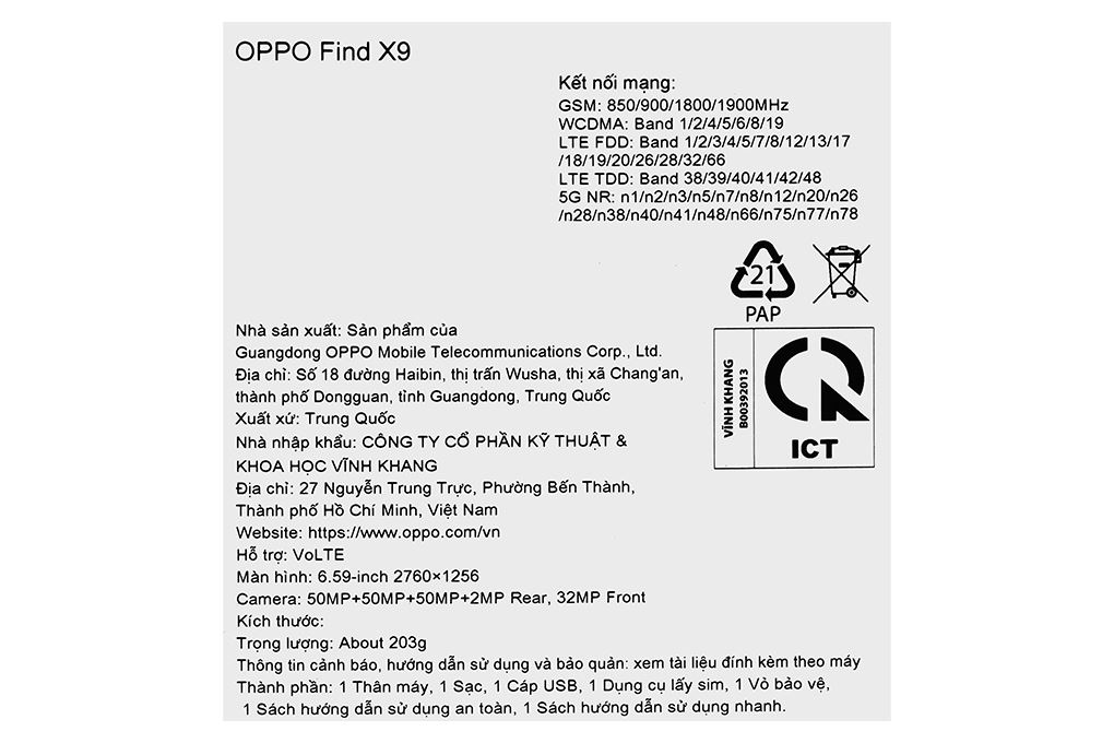 Điện thoại OPPO Find X9 5G 16GB/512GB Màu Titan xám
