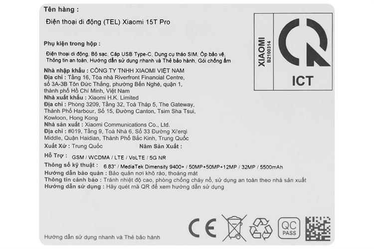 Điện thoại Xiaomi 15T Pro 5G 12GB/512GB Màu Đen
