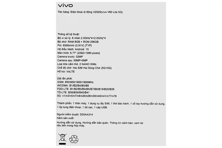 Điện thoại vivo V60 Lite 5G 8GB/256GB Màu Đen