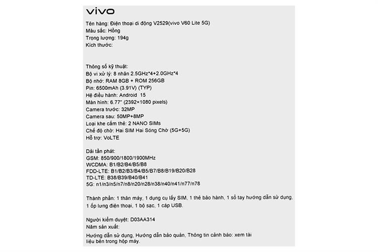 Điện thoại vivo V60 Lite 5G 12GB/512GB Màu Hồng