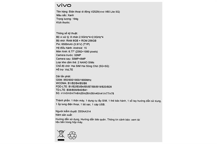 Điện thoại vivo V60 Lite 5G 12GB/512GB Màu Xanh Dương