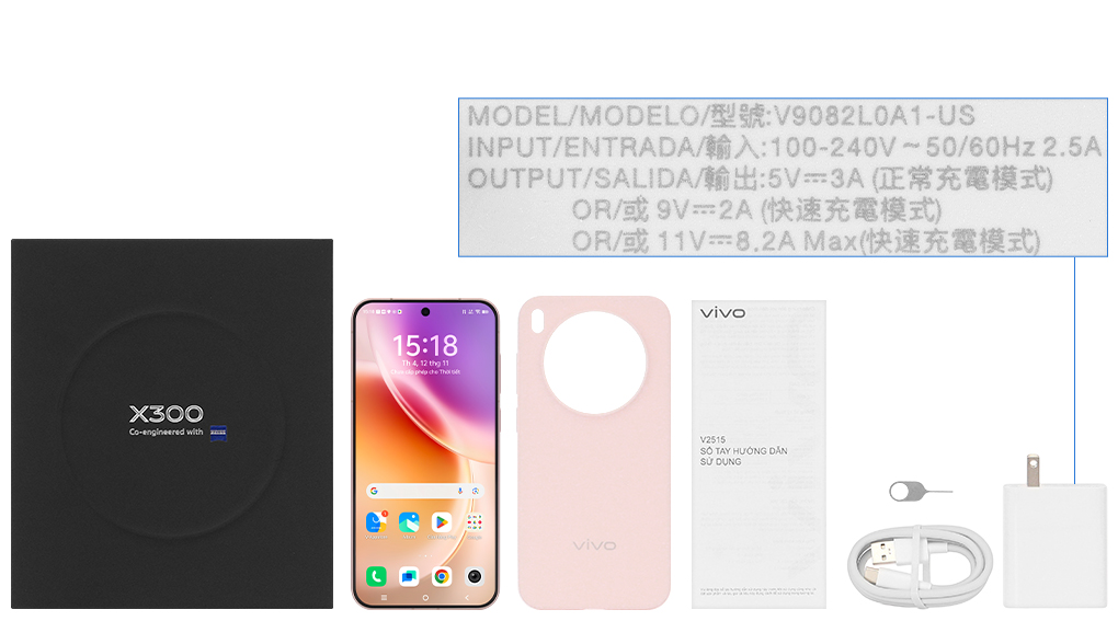 Bộ sản phẩm gồm: Ốp lưng, Sách hướng dẫn, Hộp, Miếng dán màn hình, Cáp Type C, Cây lấy sim, Củ sạc nhanh rời đầu Type A