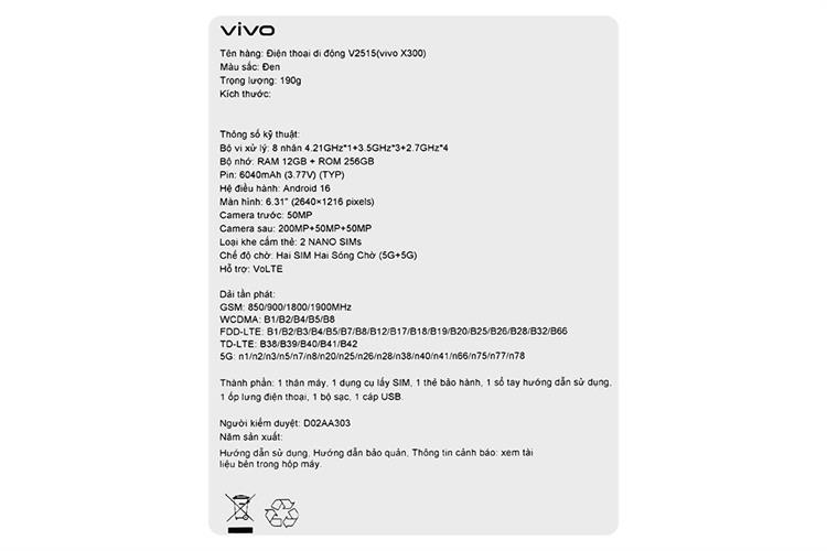 Điện thoại vivo X300 5G 12GB/256GB Màu Đen