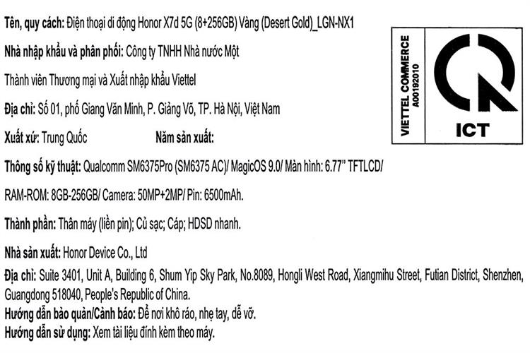 Điện thoại Honor X7d 5G 8GB/256GB Màu Vàng