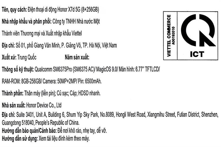 Điện thoại Honor X7d 5G 8GB/256GB Màu Đen
