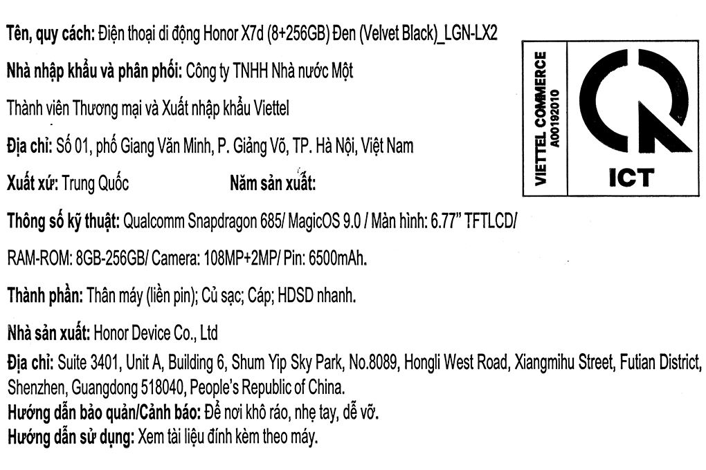 Điện thoại Honor X7d 8GB/256GB Màu Đen