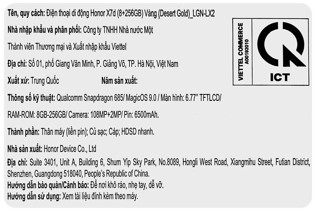 Điện thoại Honor X7d 8GB/256GB Màu Vàng