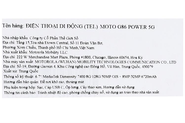 Điện thoại Motorola G86 POWER 5G 8GB/128GB Màu Xanh đen