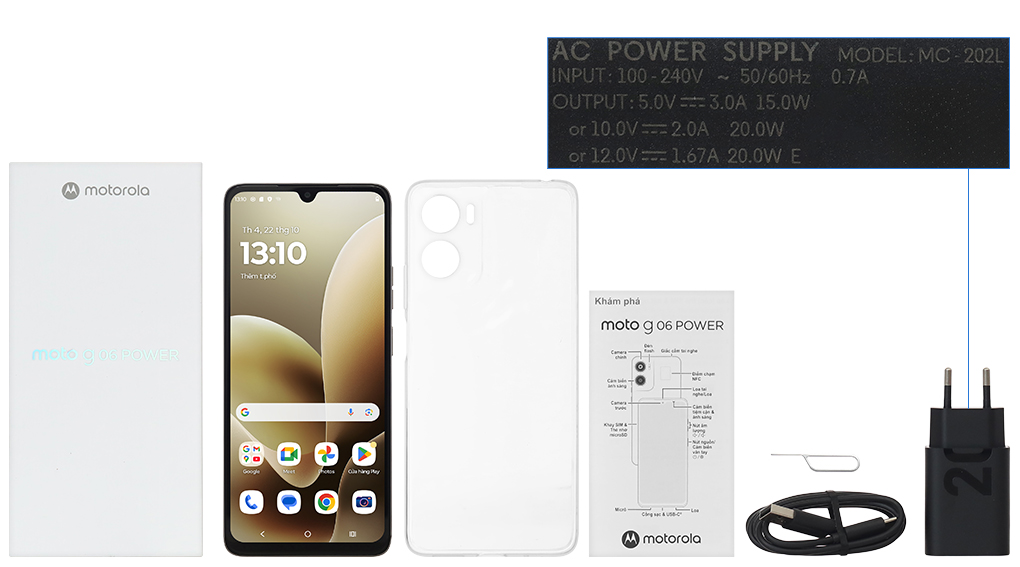 Bộ sản phẩm gồm: Hộp, Sách hướng dẫn, Cây lấy sim, Ốp lưng, Cáp Type C, Củ sạc nhanh rời đầu Type A