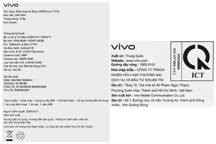 Điện thoại vivo Y31d 8GB/128GB Màu Đen