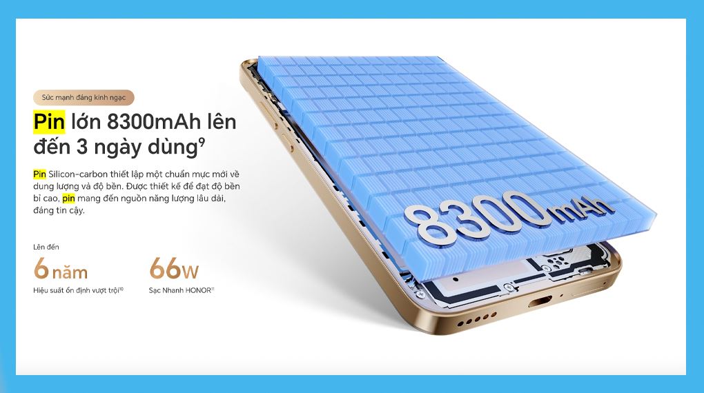 Pin 8300 mAh cực lớn giúp dùng máy đến 3 ngày cho tác vụ hằng ngày, giảm nỗi lo sạc nhiều lần trên chiếc HONOR X9d Pin 8300 mAh cực lớn giúp dùng máy đến 3 ngày cho tác vụ hằng ngày, giảm nỗi lo sạc nhiều lần trên chiếc HONOR X9d