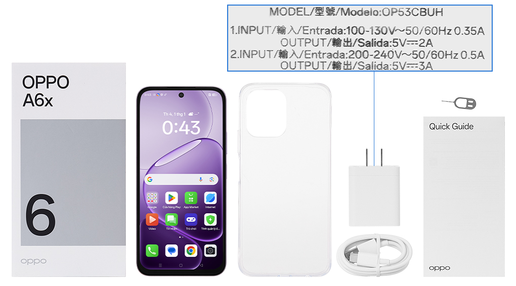 Bộ sản phẩm gồm: Ốp lưng, Sách hướng dẫn, Hộp, Cáp Type C, Củ sạc nhanh rời đầu Type A, Cây lấy sim