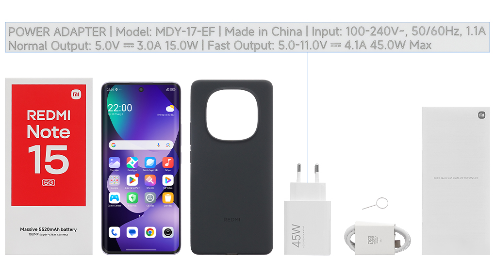 Bộ sản phẩm gồm: Hộp, Sách hướng dẫn, Cây lấy sim, Ốp lưng, Cáp Type C, Củ sạc nhanh rời đầu Type A