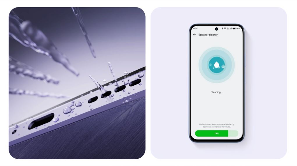 Tính năng Speaker Cleaner trên realme C85 8GB/128GB dùng sóng âm đẩy nước ra khỏi loa, giúp duy trì âm thanh luôn rõ ràng Tính năng Speaker Cleaner trên realme C85 8GB/128GB dùng sóng âm đẩy nước ra khỏi loa, giúp duy trì âm thanh luôn rõ ràng