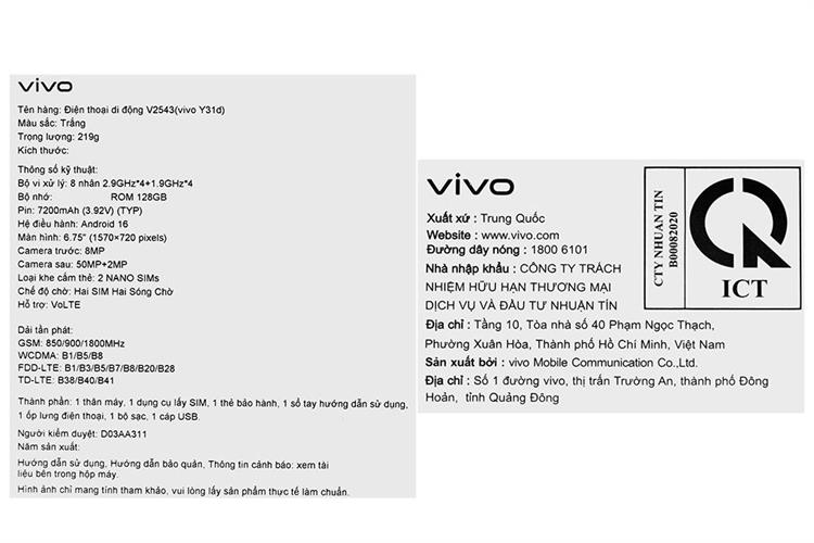 Điện thoại vivo Y31d 6GB/128GB Màu Trắng