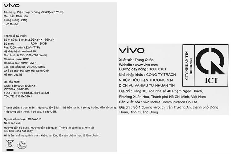 Điện thoại vivo Y31d 6GB/128GB Màu Đen