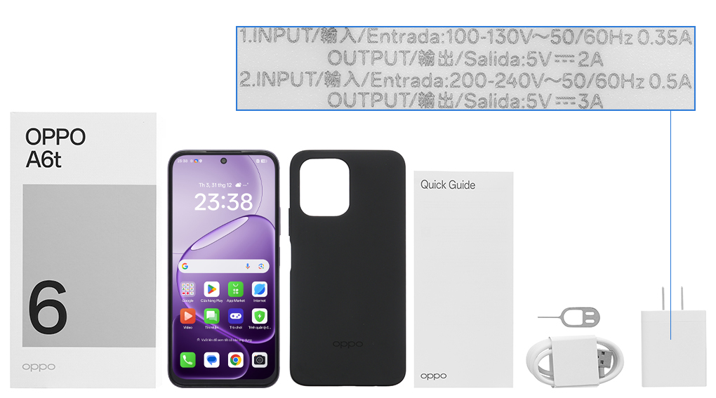 Bộ sản phẩm gồm: Ốp lưng, Sách hướng dẫn, Hộp, Cáp Type C, Củ sạc nhanh rời đầu Type A, Cây lấy sim