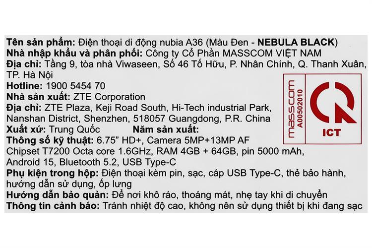 Điện thoại Nubia A36 4GB/64GB Màu Đen