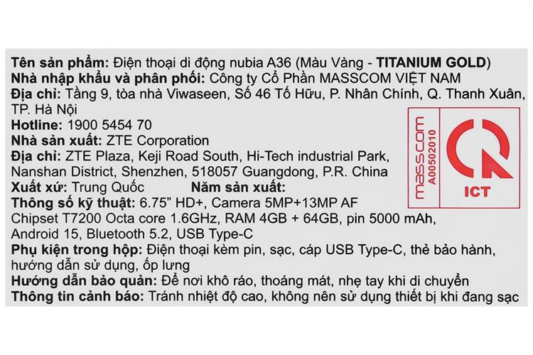 Điện thoại Nubia A36 4GB/64GB Màu Vàng nhạt