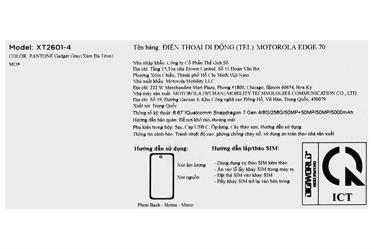 Điện thoại Motorola Edge 70 8GB/256GB Màu Xám