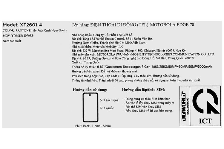 Điện thoại Motorola Edge 70 8GB/256GB Màu Xanh ngọc
