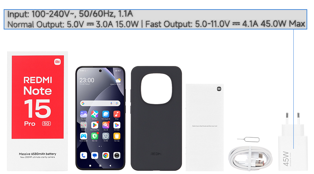 Bộ sản phẩm gồm: Cáp Type C, Củ sạc nhanh rời đầu Type A, Cây lấy sim, Hộp, Sách hướng dẫn, Ốp lưng