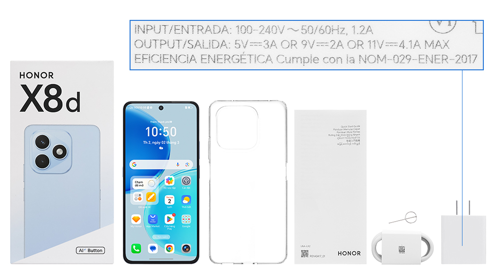 Bộ sản phẩm gồm: Ốp lưng, Miếng dán màn hình, Hộp, Cáp Type C, Cây lấy sim, Củ sạc nhanh rời đầu Type A