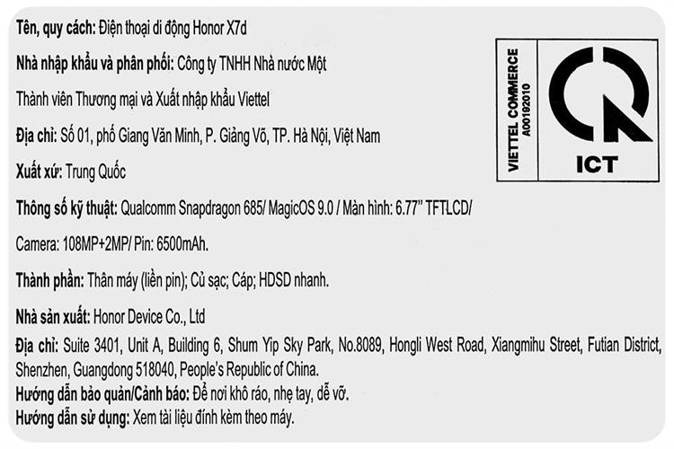 Điện thoại Honor X7d 8GB/128GB Màu Đen