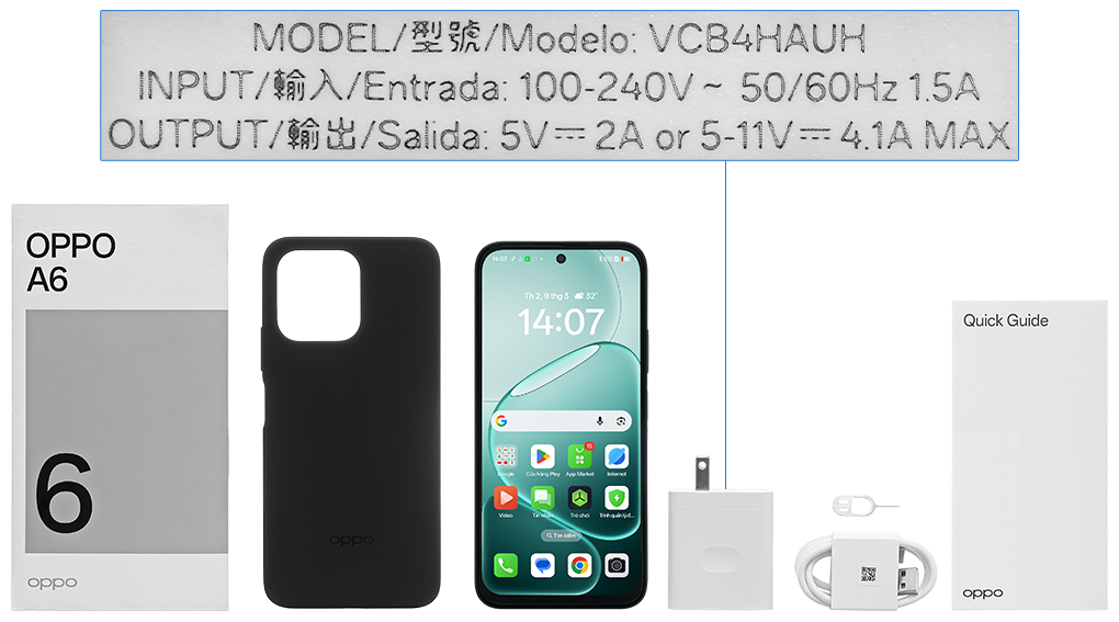 Bộ sản phẩm gồm: Hộp, Sách hướng dẫn, Cây lấy sim, Ốp lưng, Cáp Type C, Củ sạc rời đầu Type A