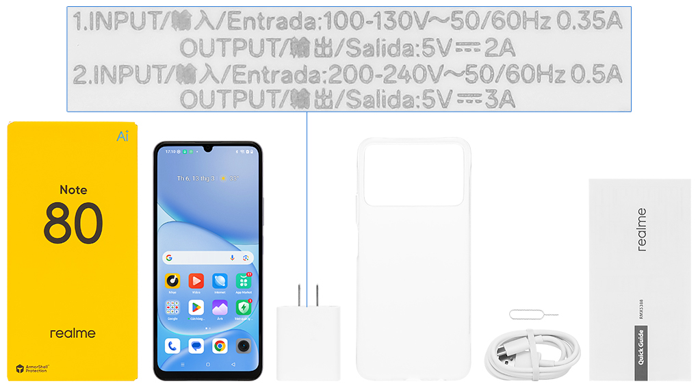 Bộ sản phẩm gồm: Củ sạc rời đầu Type A, Ốp lưng, Sách hướng dẫn, Hộp, Cáp Type C, Cây lấy sim