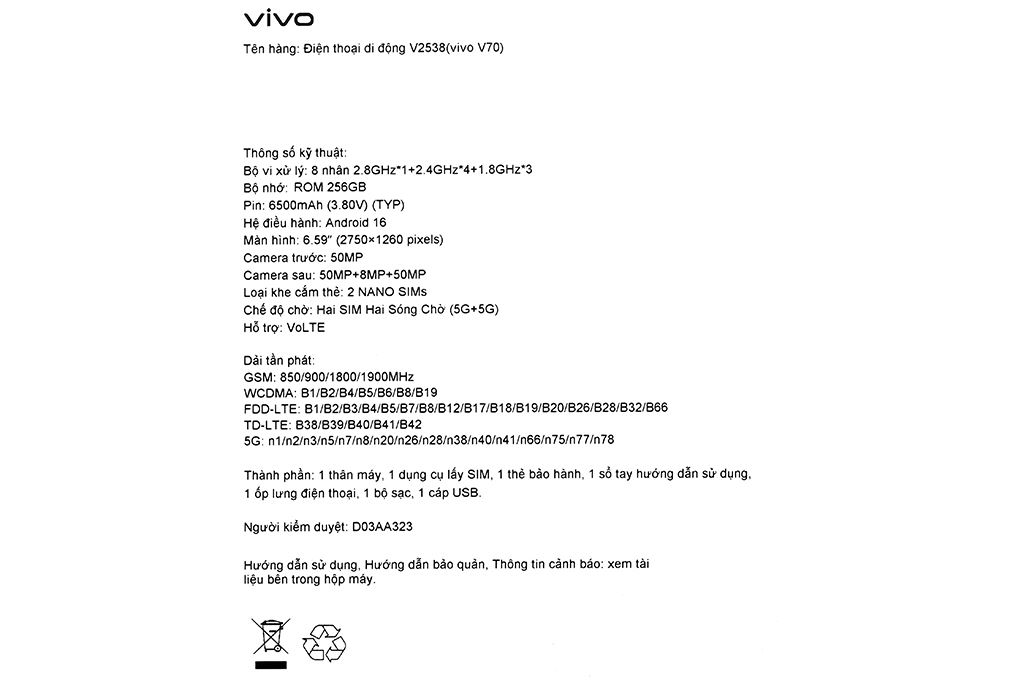 Điện thoại Vivo V70 5G 8GB/256GB Màu Vàng Hồng