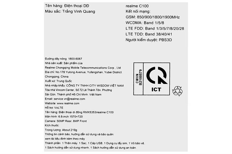 Điện thoại realme C100 4G 6GB/128GB Màu Trắng