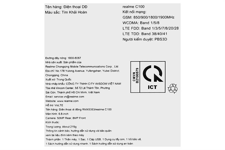 Điện thoại realme C100 4G 8GB/256GB Màu Tím