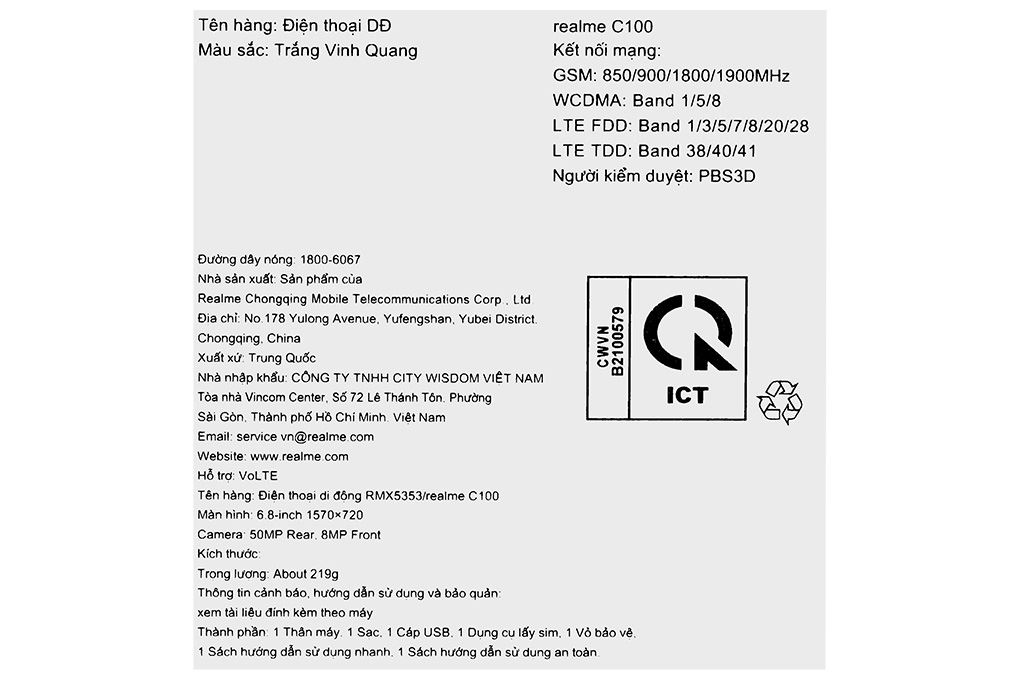 Điện thoại realme C100 4G 8GB/256GB Màu Trắng