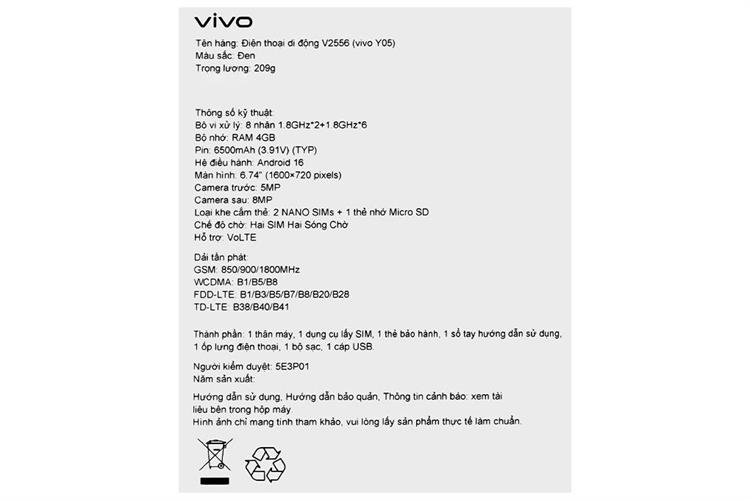Điện thoại vivo Y05 4GB/64GB Màu Đen