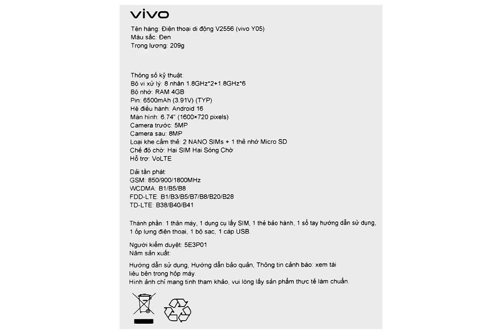 Điện thoại vivo Y05 4GB/64GB Màu Đen