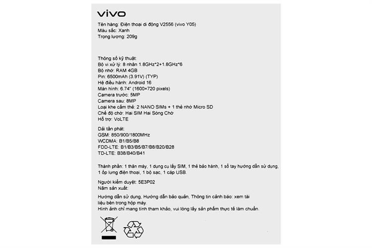 Điện thoại vivo Y05 4GB/64GB Màu Xanh Dương