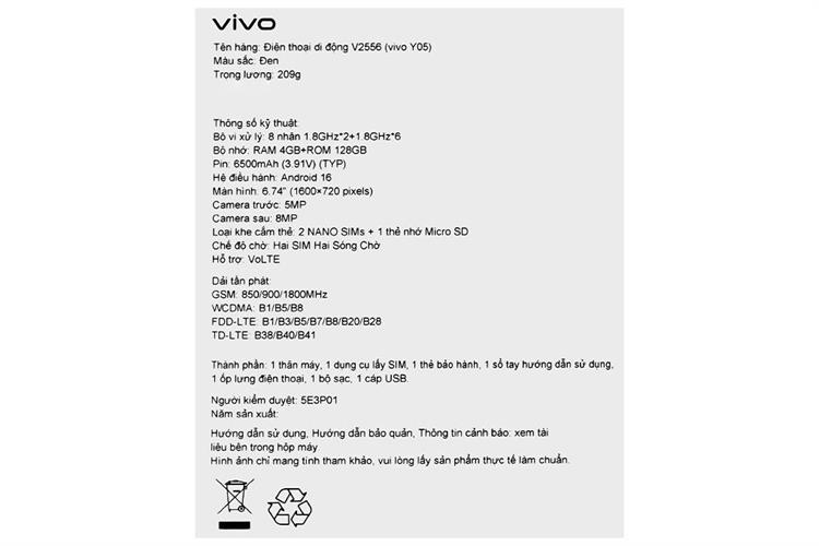 Điện thoại vivo Y05 4GB/128GB Màu Đen