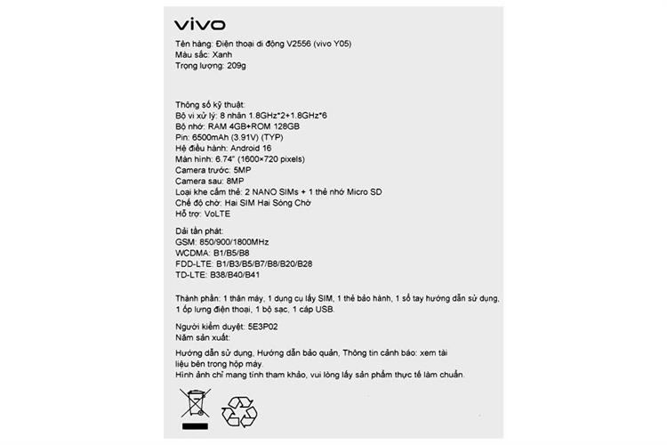 Điện thoại vivo Y05 4GB/128GB Màu Xanh Dương