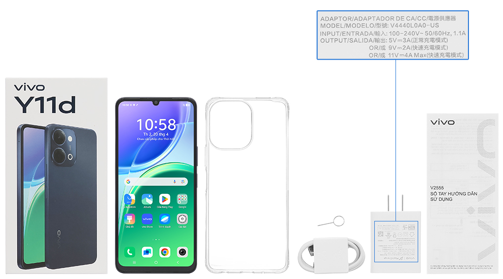 Bộ sản phẩm gồm: Ốp lưng, Sách hướng dẫn, Hộp, Miếng dán màn hình, Cáp Type C, Củ sạc nhanh rời đầu Type A, Cây lấy sim