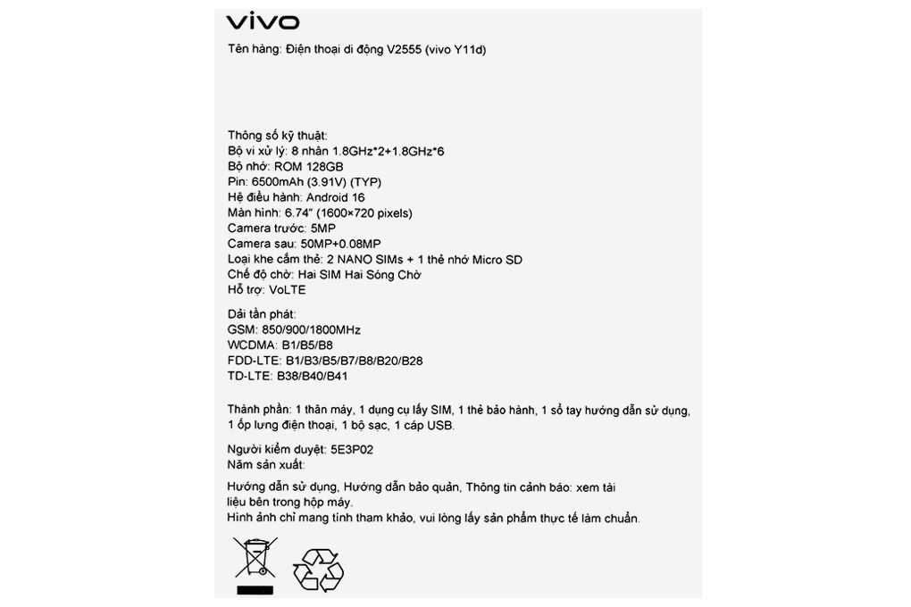 Điện thoại Vivo Y11d 6GB/128GB Màu Đen