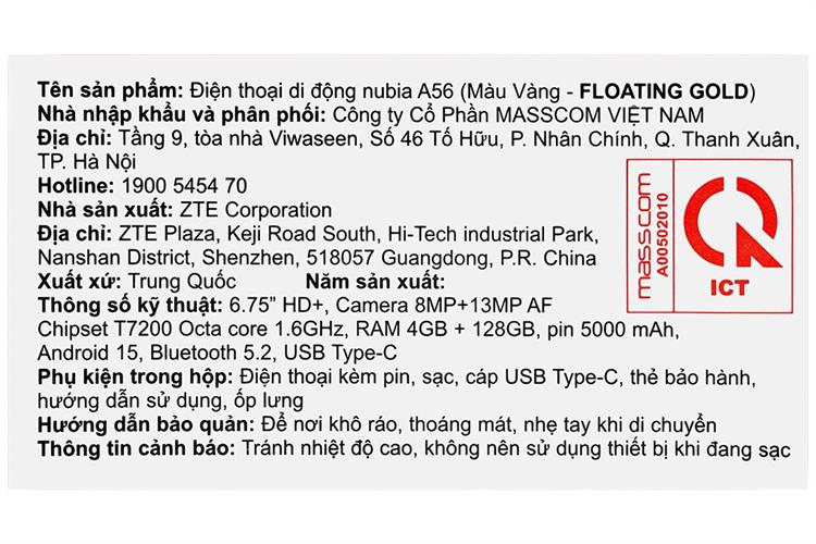 Điện thoại Nubia A56 4GB/128GB Màu Vàng