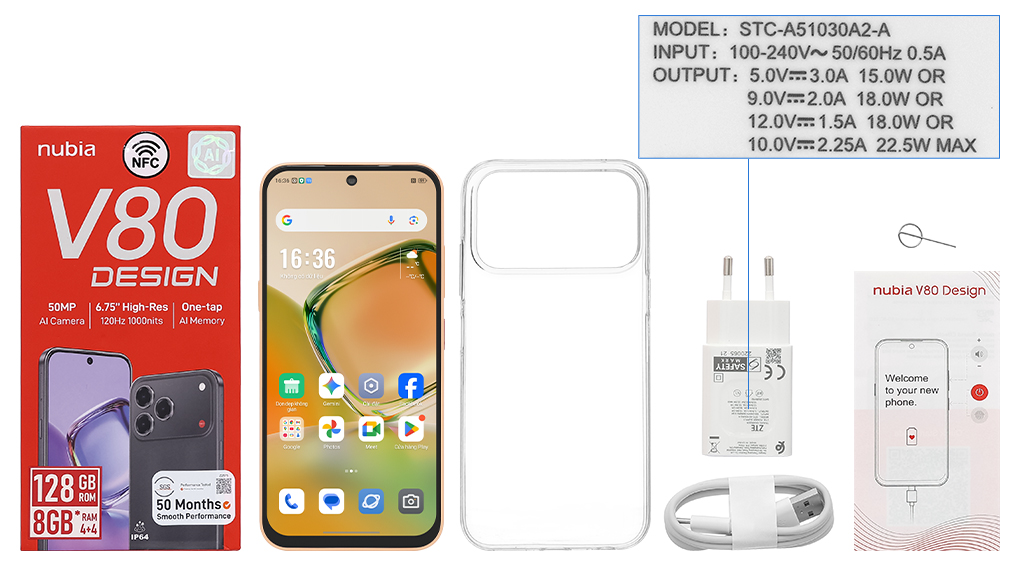 Bộ sản phẩm gồm: Cáp Type C, Củ sạc nhanh rời đầu Type A, Hộp, Sách hướng dẫn, Cây lấy sim, Ốp lưng