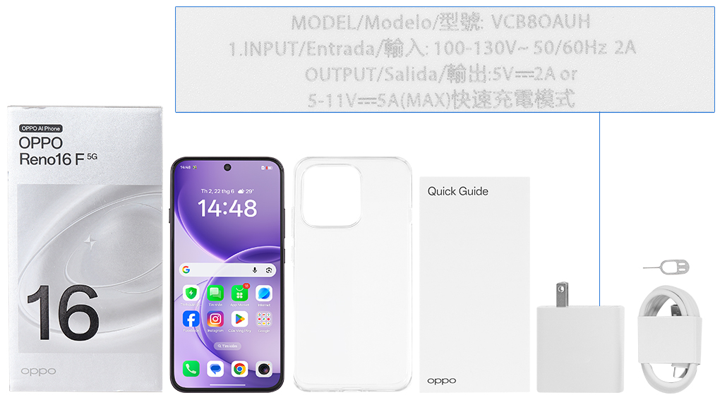 Bộ sản phẩm gồm: Hộp, Sách hướng dẫn, Cây lấy sim, Ốp lưng, Cáp Type C, Củ sạc nhanh Type C