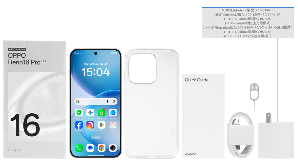 Bộ sản phẩm gồm: Ốp lưng, Sách hướng dẫn, Hộp, Cáp Type C, Củ sạc nhanh Type C, Cây lấy sim