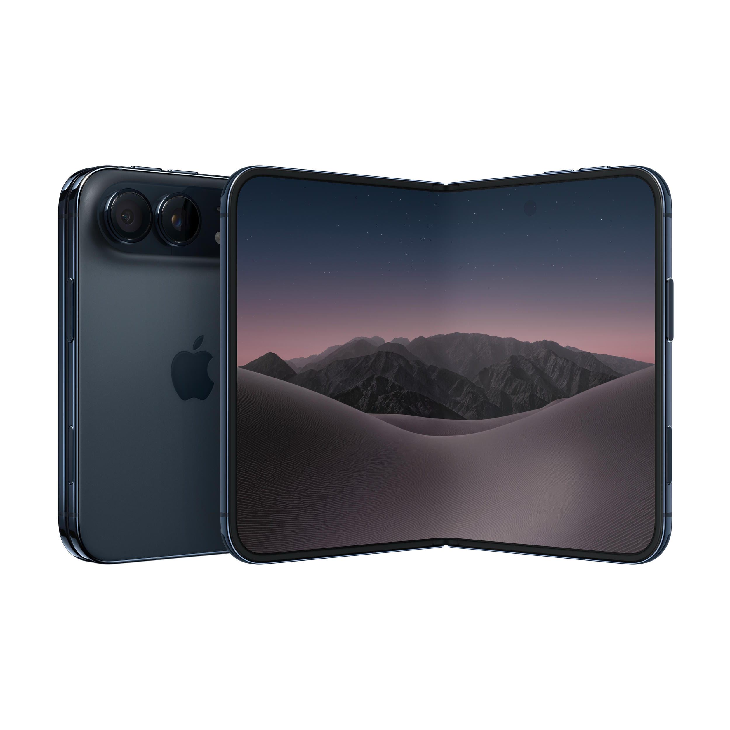 Điện thoại m&agrave;n h&igrave;nh gập iPhone Duo với thiết kế gập mở g&oacute;c linh hoạt v&agrave; khung viền titan s&aacute;ng b&oacute;ng. Ảnh: Apple